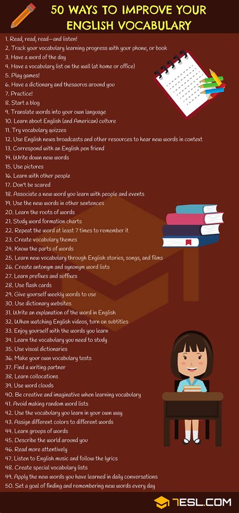All the words known and used by a particular person: How To Improve Vocabulary: 50 Simple Tips!! - 7 E S L