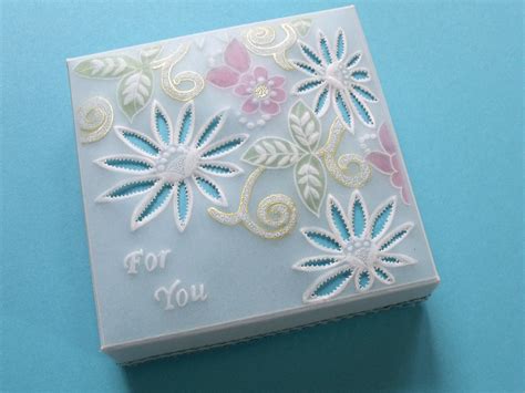 In addition to textured layering paper, you can glue on pressed flowers, put a couple of cute stickers down, or use washi tape to create interesting patterns on the card.lay down a ruler on the edges to draw straight smooth borders with colorful sharpies or glue on beads for interesting texture. Mandy Haines "For You" Parchment Craft Gift Box ...