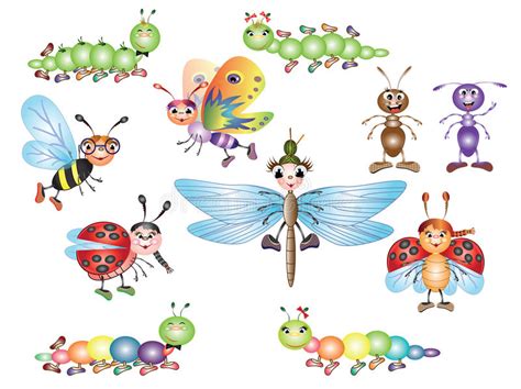Funny Bug Set Collection Happy Cartoon Insects Colorful Hand Drawn