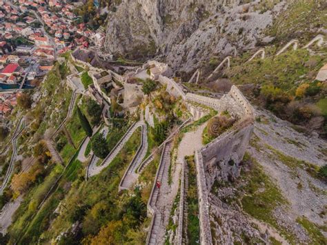 Kotor Old Town Ladder Of Kotor Fortress Hiking Trail Aerial Drone View