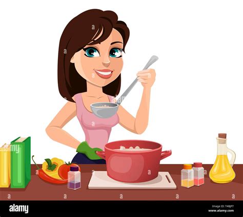 Beautiful Woman Cooking In Her Kitchen Cute Lady Cartoon Character Preparing Food Vector