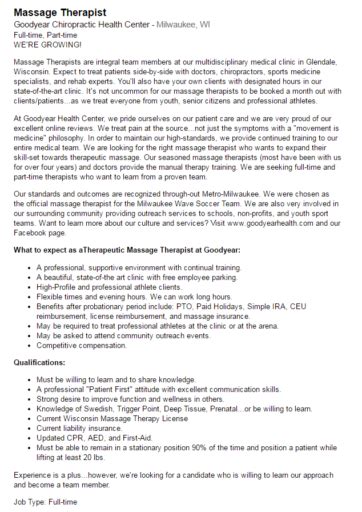 Massage Therapist Job Posting Goodyear Chiropractic Health Center
