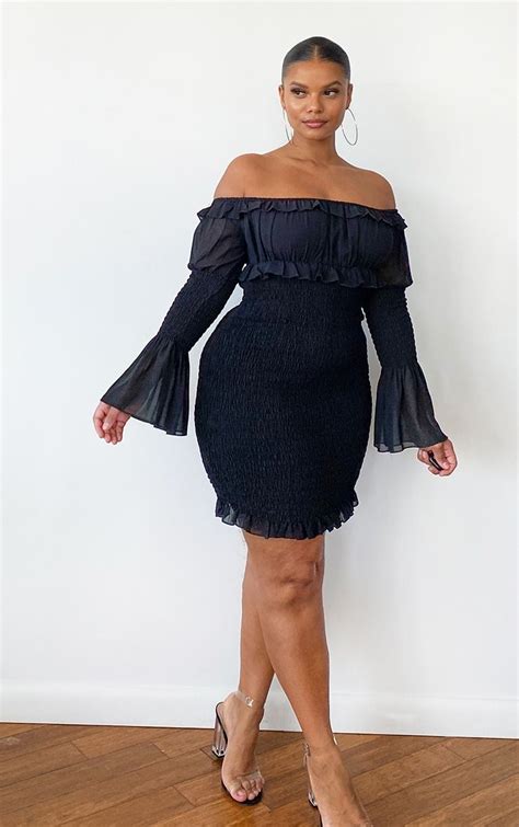 Plus Black Chiffon Shirred Bodycon Dress Dresses Bodycon Dress Fashion