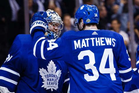 Frederik Andersen 31 Of The Toronto Maple Leafs Is Congratulated By