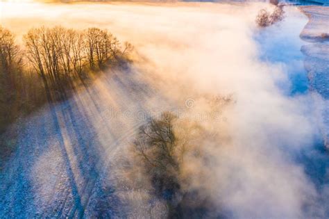 Beautiful Landscape Sun Shining Through Thick Fog Aerial Viewrural