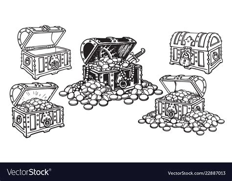 Set Of Pirate Treasure Chests In Sketch Style Open