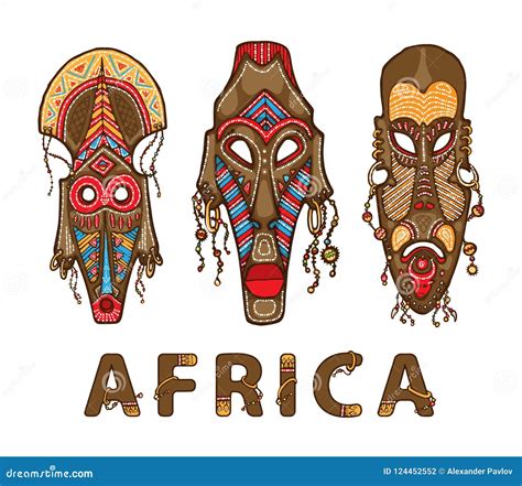African Masks Black Silhouette Set Ritual Ancient Symbols Of African
