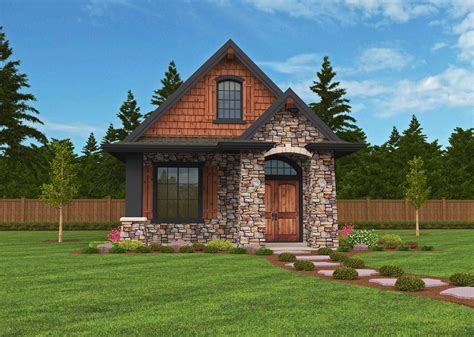 This 700 sq ft studio cottage suite rocks with an island kitchen, vaulted ceiling, and wall of glass. Montana Small Home Plan | Small Lodge House Designs with ...