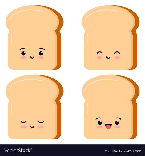Cute Toasts Bread Kawaii Cartoon Styly Set Vector Image