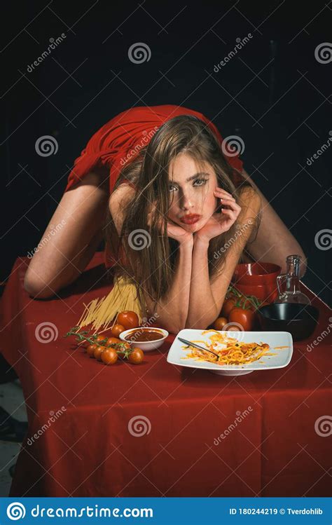 Kitchen Woman Cooked Spaghetti Italian Food And Menu Concept Eating Pasta Stock Image