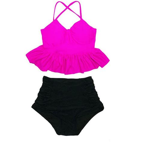 Hot Pink Tankini Strap Flounce Top And Ruched Scrunch High Waist