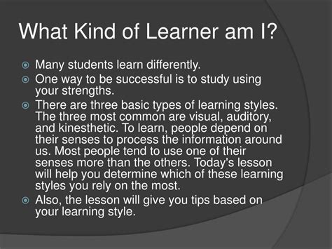 Ppt What Kind Of Learner Am I Powerpoint Presentation Free Download