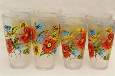 Vintage Drinking Glasses Set W Poppy Floral Print Ice Texture Unbreakable Plastic Tumblers