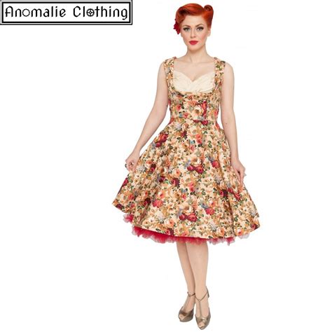 Lindy Bop Ophelia Beige Floral Swing Dress Vintage 1950s Pinup Retro