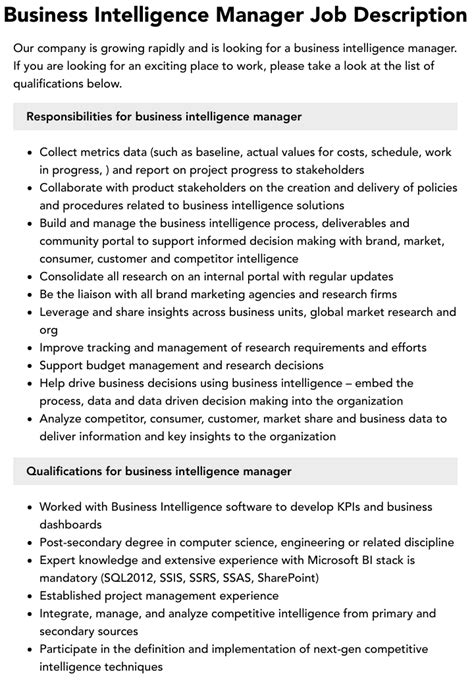 Business Intelligence Manager Job Description Velvet Jobs