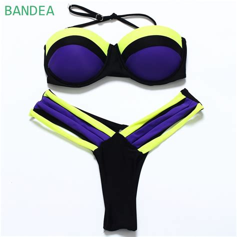 Bandea Stripsky 2016 Push Up Bikinis Brazilian Patchwork Swimwear Halter Bandeau Biquini Sexy