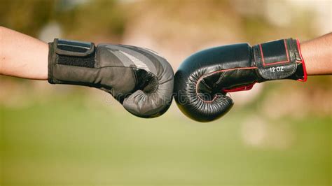 Boxing Gloves And Fist Bump With A Boxer Team Outdoor Together For