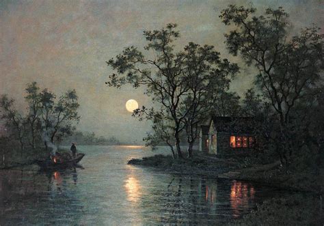 Oil Painting River Landscape At Moon Night With Canoe Village Hand