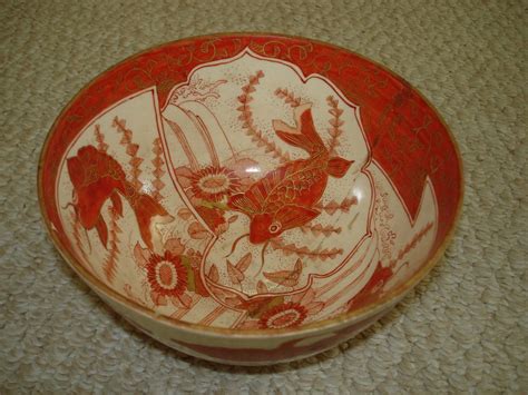 Antique S Japanese Kutani Porcelain Bowl Signed Koi Fish Flying Cranes Flowers And Leafs