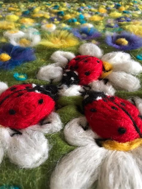 Hand Made Wool Felting Art Painting Flowers And Ladybugs