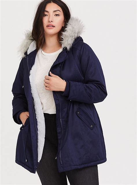 These stylish coats are fuzzy, cute, and in a. Navy Twill Faux Fur Trim Hooded Parka | Hooded parka, Fit ...