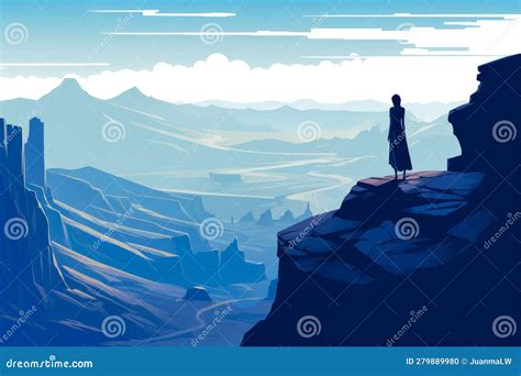 Isolated Woman Alone Standing At The Top Of A Mountain Contemplating