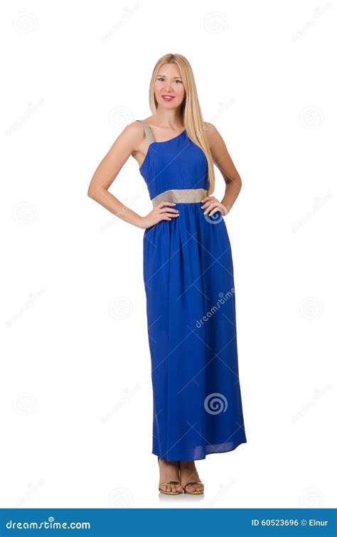 Belle Femme Dans La Longue Robe Bleue Disolement Dessus Photo Stock
