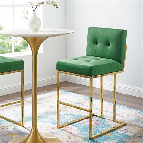 Privy Gold Stainless Steel Performance Velvet Bar Stool In Gold Emerald