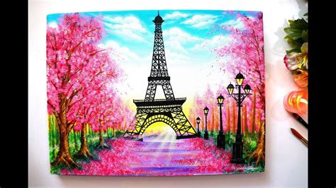 Springtime Cherry Blossom Trees And Eiffel Tower Painting Step By