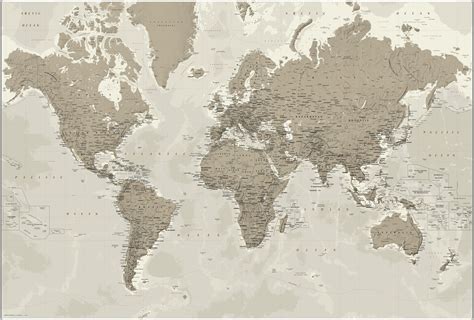 Political World Wall Map Silver Tones Extra Large
