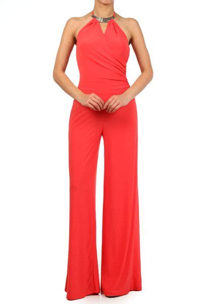 Solid Coral Full Length Halter Jumpsuit With A Wide Leg Unique