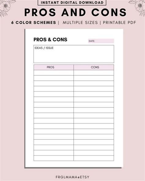 Printable Pros And Cons List Instant Download Print At Home Etsy