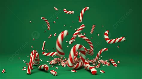 Slowly Falling Peppermint Candy Canes In 3d Render Against A Green
