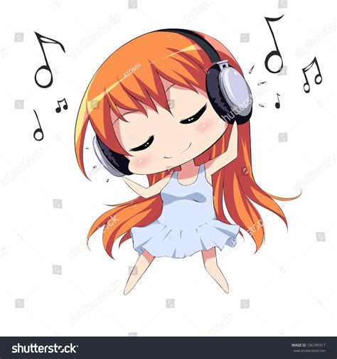 Cute Girl Headphones Listening Music Dancing Stock Illustration