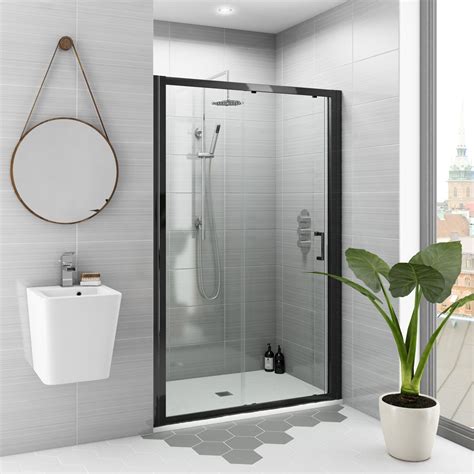 mode black 6mm sliding shower door with white slate effect tray 1200 x 800 black shower doors