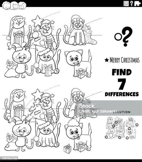 Differences Game With Cats On Christmas Time Coloring Book Page Stock