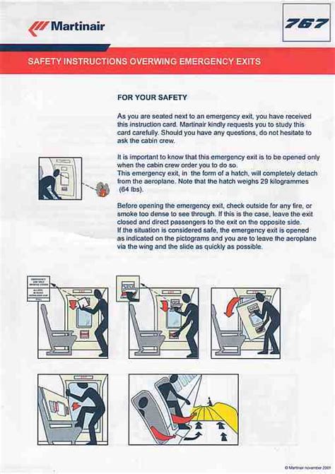 Airline Safety Card For Martinair 767 Overwing Emergency Exits