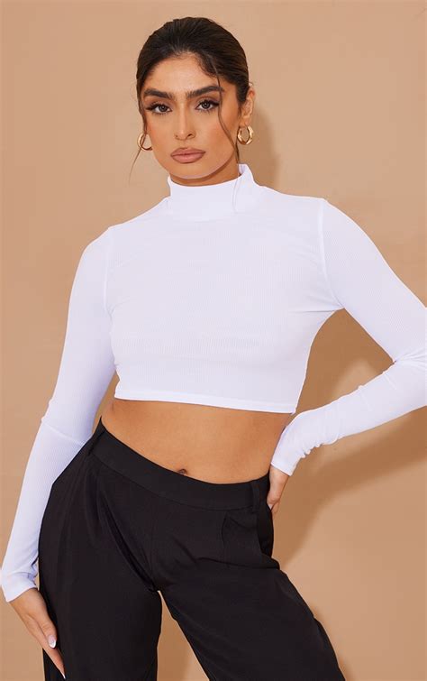 White Rib High Neck Long Sleeve Crop Top Prettylittlething