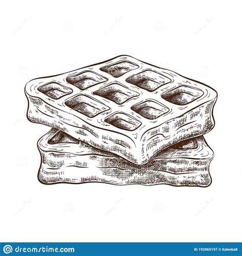 Hand Drawn Cute Waffle Isolated On White Sketch Of Stack Of Belgium