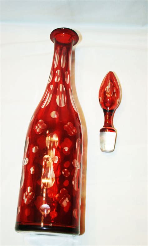 Antique Bohemian Ruby Red Glass Cut To Clear Decanter Crystal