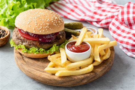 Hamburger French Fries And Ketchup Food Images ~ Creative Market