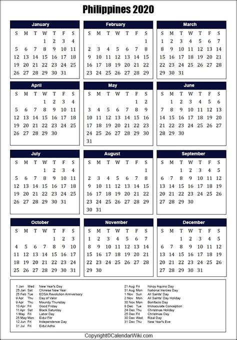 Printable Philippines Calendar 2020 With Holidays Public Holidays