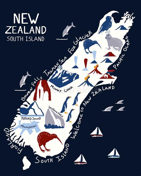 Map Of South Island Of New Zealand On Blue Background Stock Vector
