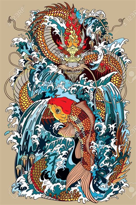 Golden Dragon And Koi Carp Fish Which Is Trying To Reach The Top Of The