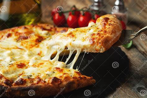 A Slice Of Hot Italian Pizza With Stretching Cheese Pizza Four Cheeses