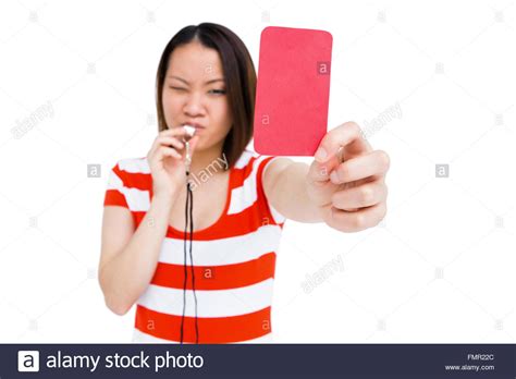 Young Woman Whistling And Showing Red Card Stock Photo Alamy
