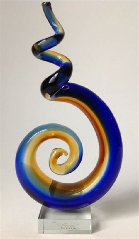 Murano Art Glass Spiral Sculpture Cobalt Blue Amber Handblown Abstract