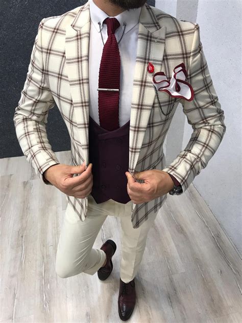 buy cream slim fit plaid suit by with free shipping