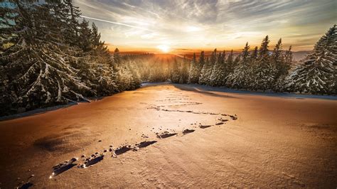 Landscape With Snow Covered During Sunrise Hd Winter Wallpapers Hd