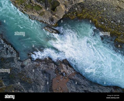 An Aerial View Of Famous Waterfalls On The Iceland Godafoss Located